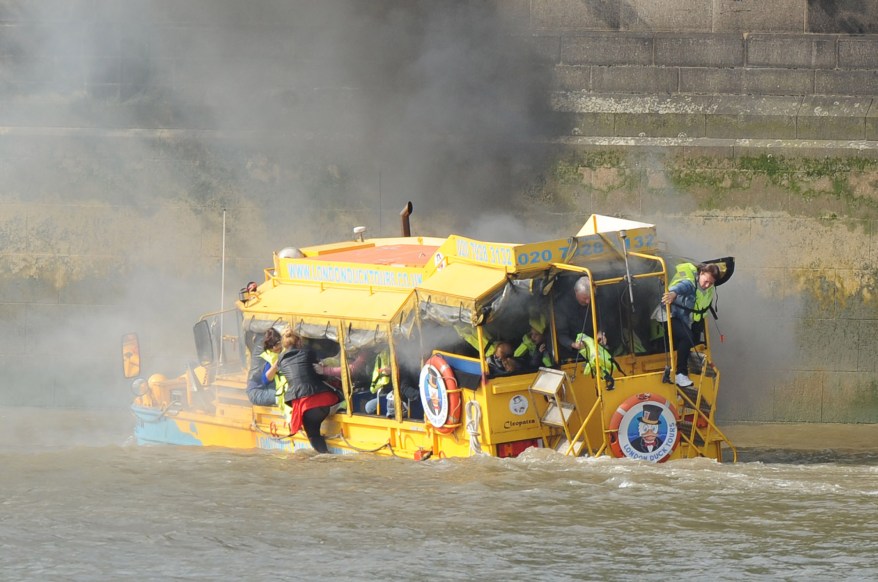 Flames engulf a duck boat in London