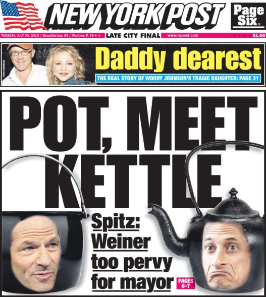 Spitzer, Weiner, New York Post, Pot Meet Kettle