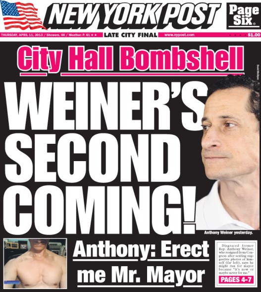 Weiner, New York Post, Weiner’s Second Coming