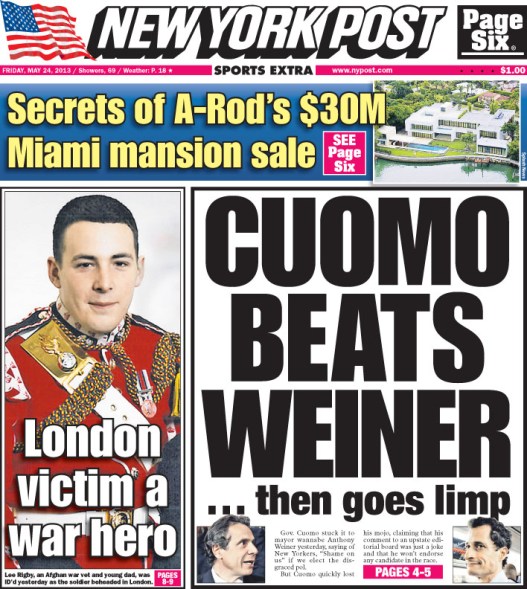 Weiner, New York Post, Cuomo Beats Weiner