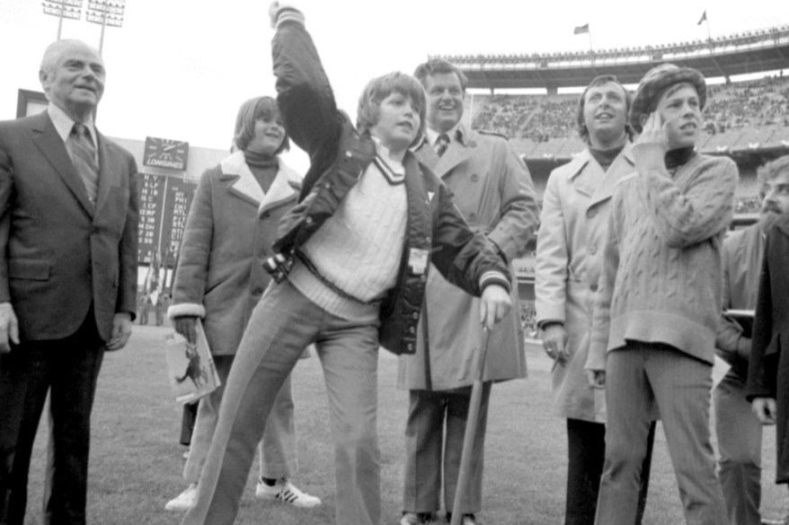 Edward Kennedy Jr., throws out first ball at Shea Stadium on