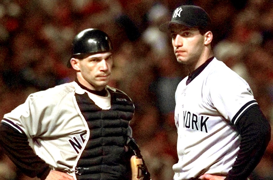 Andy Pettitte and Joe Girardi during the 1998 ALCS against the Indians