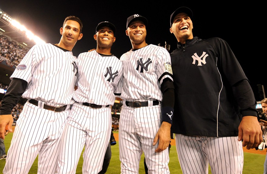 Andy Pettitte, Derek Jeter, Mariano Rivera and Jorge Posada at the final game played at the old Yankee Stadium