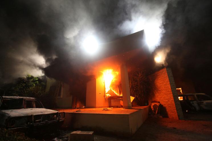 The U.S. Consulate in Benghazi is seen in flames during a protest by an armed group in this file photo taken September 11, 2012