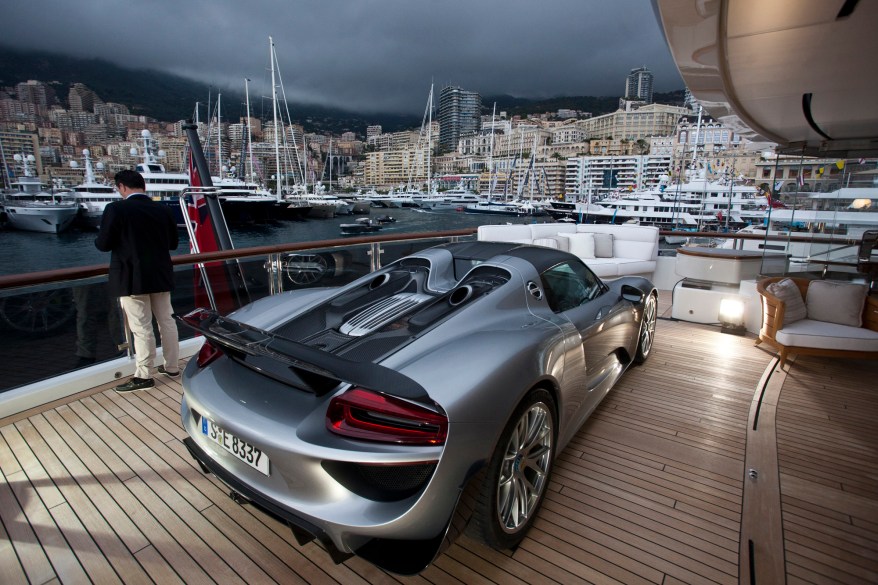 A Porsche 918 Spyder aboard the Quattroelle, a 288-foot luxury super yacht