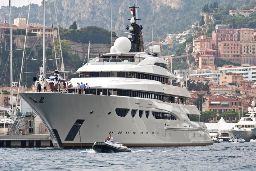 A helicopter stands on the deck of the 288ft luxury super yacht Quattroelle