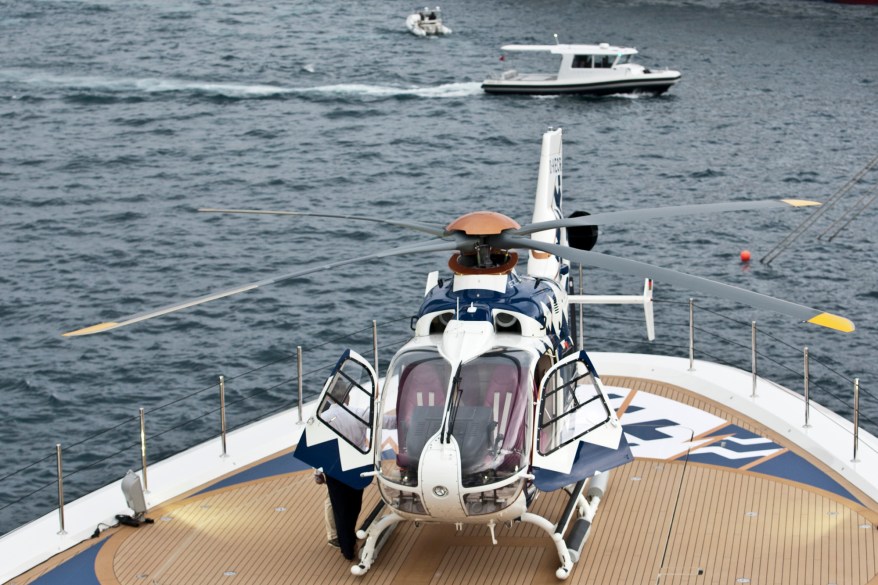 The helicopter of the Quattroelle, a 288-foot luxury super yacht