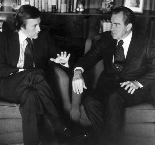 David Frost, left, talks with former President Richard Nixon prior to his March 1977 interview with the former president.