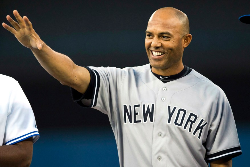 Mariano Rivera waves to Blue Jays fans in Toronto after the team honored him.