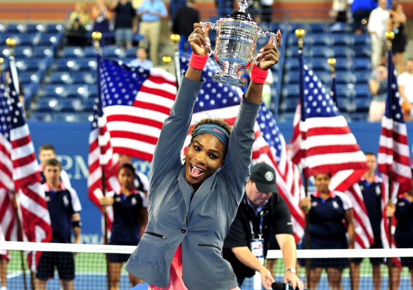 Just minutes later, Serena Williams is buttoned up and mugging for the cameras.