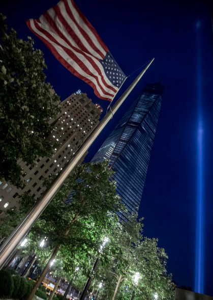 One World Trade Center and The Tribute in Lights is seen in Lower Manhattan in New York