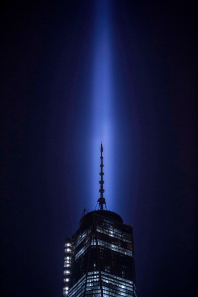 One World Trade Center and The Tribute in Lights is seen in Lower Manhattan in New York