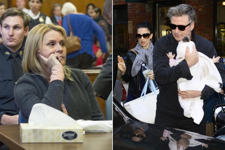 Genevieve Sabourin in court Thursday and Alec Baldwin, right, with wife Hilaria and daughter Carmen.