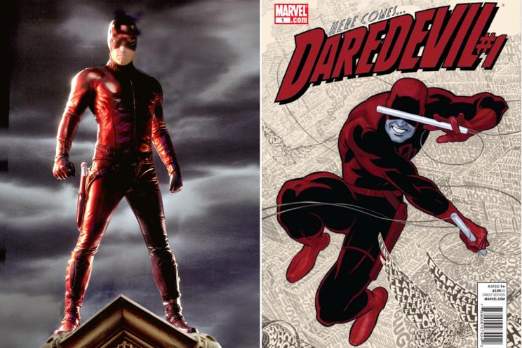 JUST SUPER: Ben Affleck (left) as “Daredevil,” based on the comic book (right).