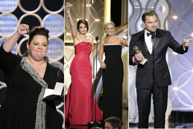 Comedian Melissa McCarthy, hosts Tiny Fey and Amy Poehler and actor Leonardo DiCaprio.