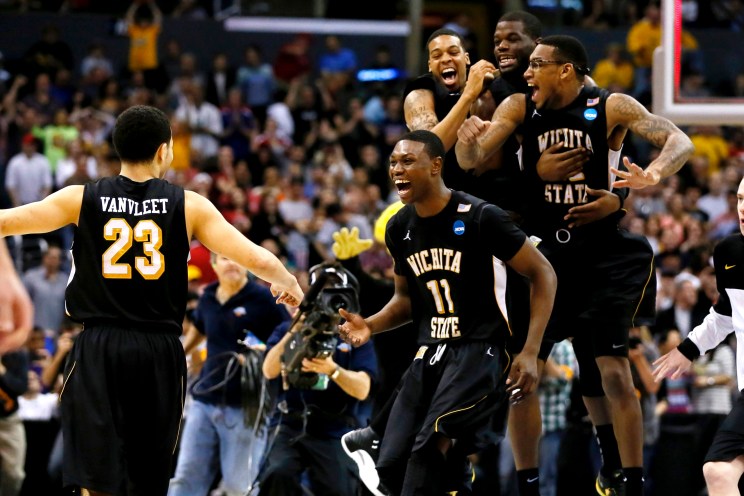 The Wichita State Shockers celebrate defeating the Ohio State Buckeyes in their West Regional NCAA men's basketball game in Los Angeles