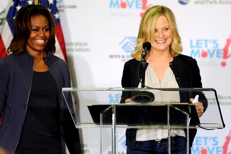 Amy Poehler joins first lady Michelle Obama in celebrating the fourth anniversary of her Let's Move campaign. Obama will return the favor on this week's "Parks and Recreation."