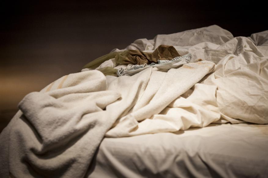 A close up of Tracy Emin's 1998 piece 'My Bed' on display at Christie's on June 27, 2014 in London, England.