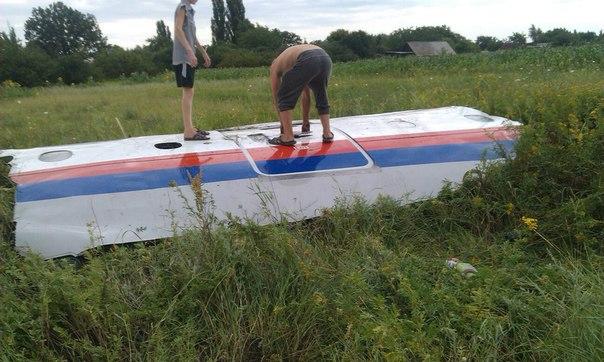 People stand on the wreckage of the downed airliner.