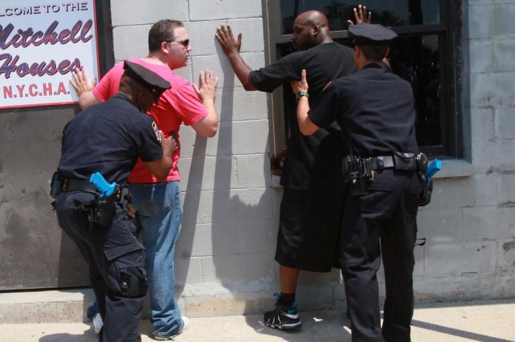 Officers practice their stop-and-frisk tactics at a NYPD training facility in the Bronx.