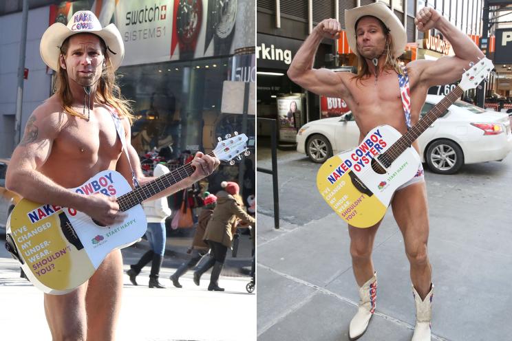 Naked Cowboy Robert Burck — pictured here on a chilly February day — told The Post: “I’m freezing my nuts off!”