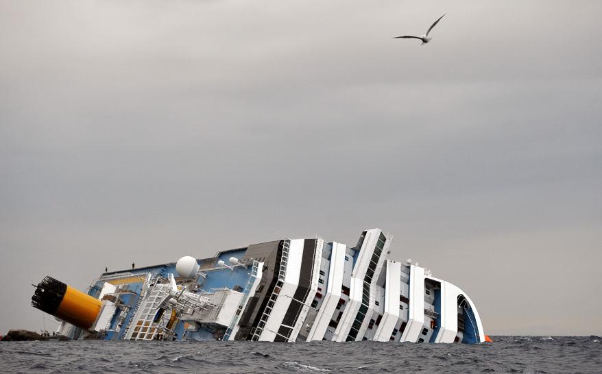 The partially submerged Costa Concordia ship is seen on Jan. 16, 2012 off the coast of the Isola del Giglio, Italy.