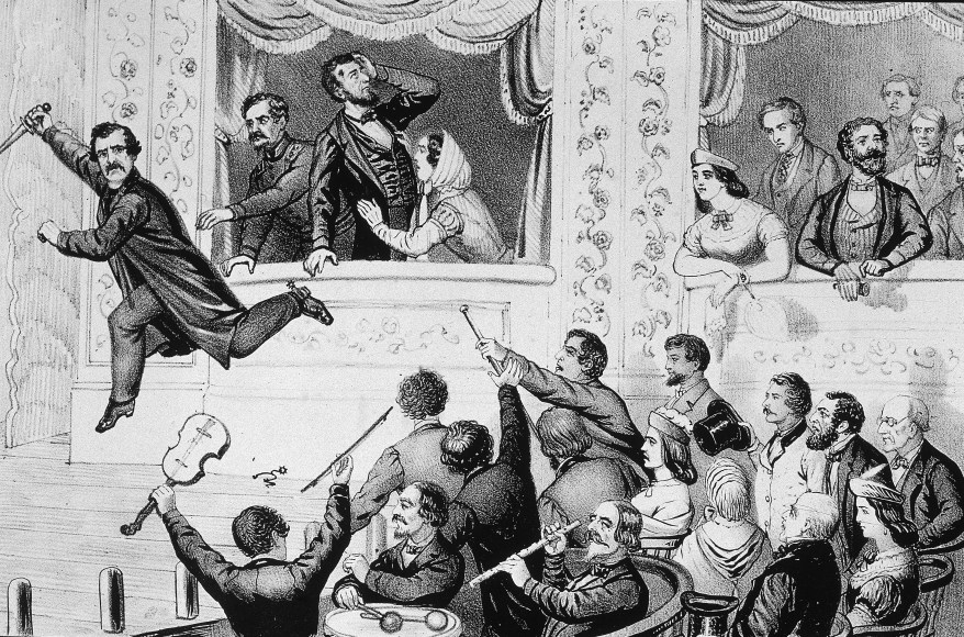 John Wilkes Booth races to the Ford's Theatre stage in Washington after shooting Lincoln.