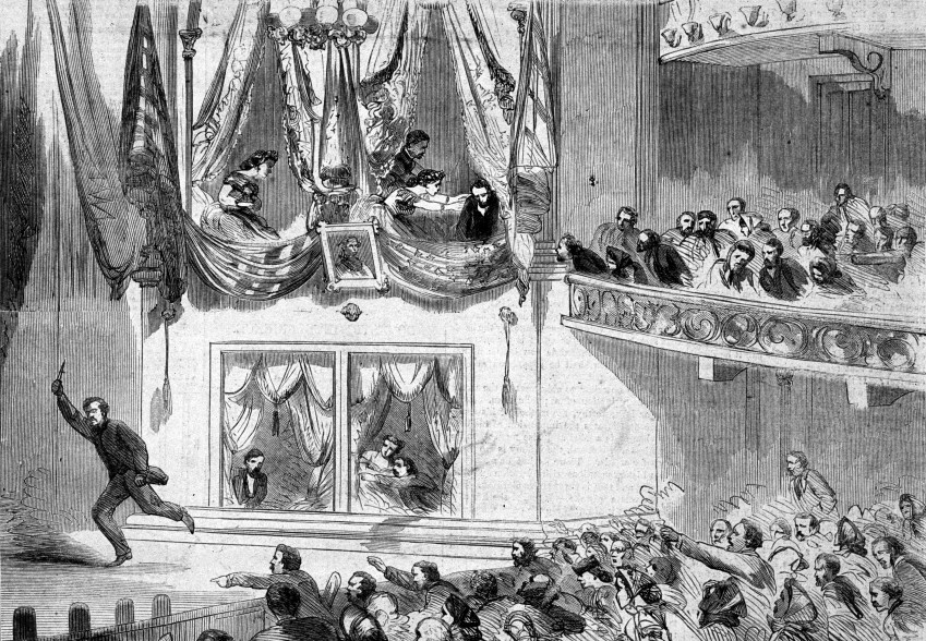 John Wilkes Booth flees from Ford's Theatre in Washington after shooting Lincoln.