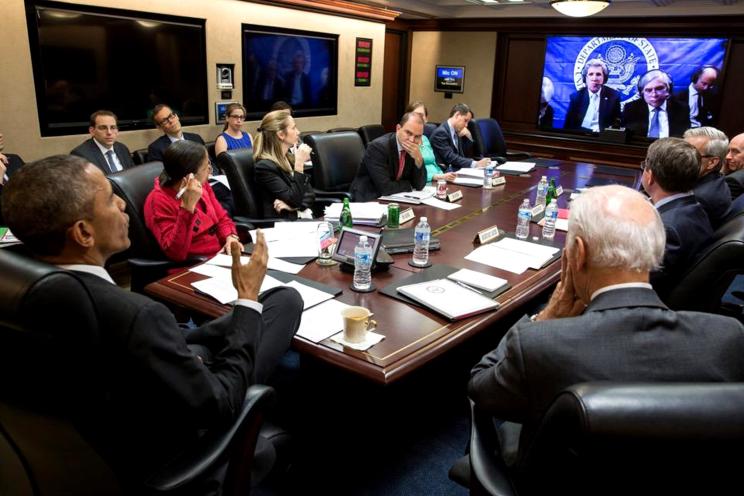 Obama receives an update from John Kerry in Iran inside the Situation Room on April 1st.