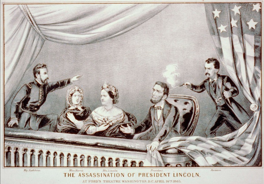 A print shows John Wilkes Booth shooting Lincoln.