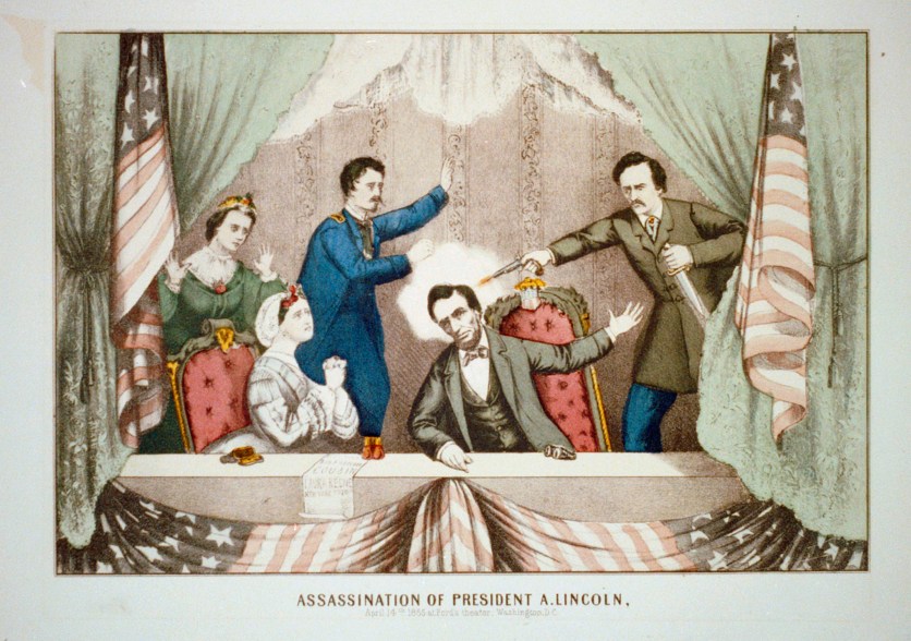 A hand-colored 1870 lithograph shows John Wilkes Booth shooting Lincoln as he sits in the presidential box at Ford's Theatre in Washington April 14, 1865. Major Henry Rathbone rushes to try to stop Booth as Rathbone's fiancee Clara Harris (left) and first lady Mary Todd Lincoln (second from left) look on.