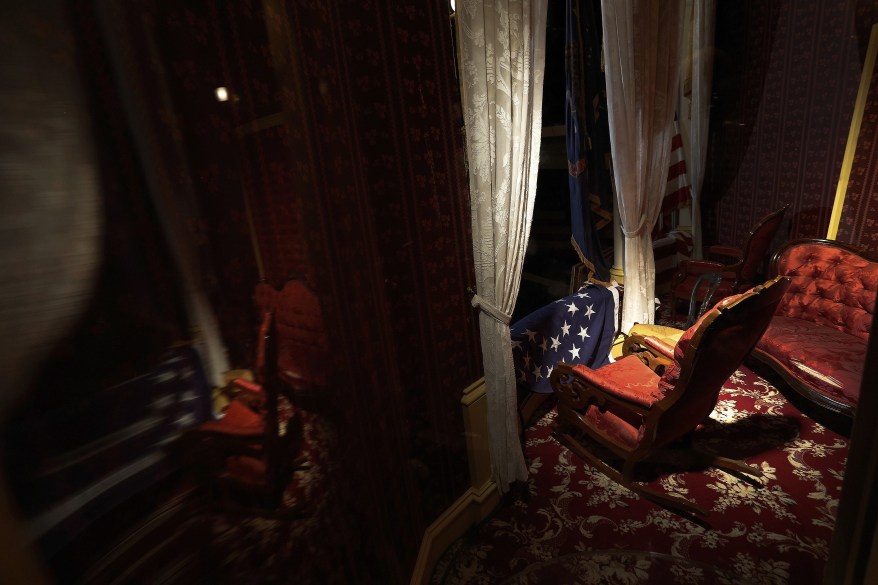 The presidential box is arranged April 3, 2015 identically to the way it was the night Lincoln was shot through this doorway at Ford's Theatre in Washington.