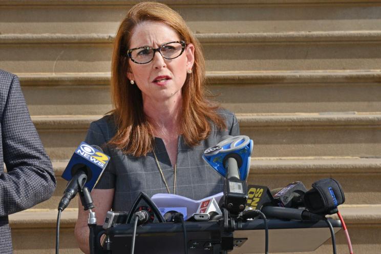 Eva Moskowitz speaks on the steps of City Hall on Oct. 8.