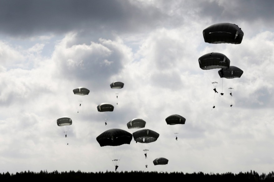 U.S. paratroopers of the 173rd Airborne Brigade take part in a sky jump "Bayonet Strike" excercise in Adazi, Latvia.