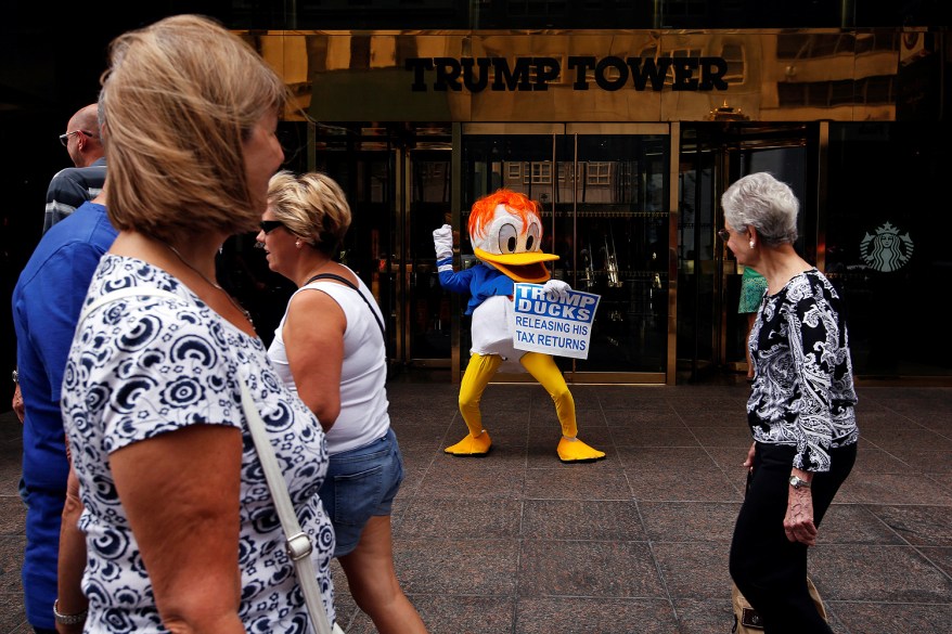 "DJ Quacker" protests outside the Trump Tower in New York.