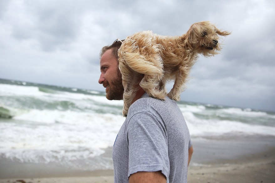 Ted Houston and his dog Kermit visit the beach in Palm Beach, Florida, as Hurricane Matthew approaches the area.