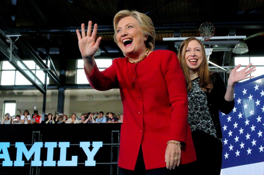 Hillary Clinton and her daughter Chelsea take the stage for a "Family Town Hall" campaign stop in Haverford, Pennsylvania.