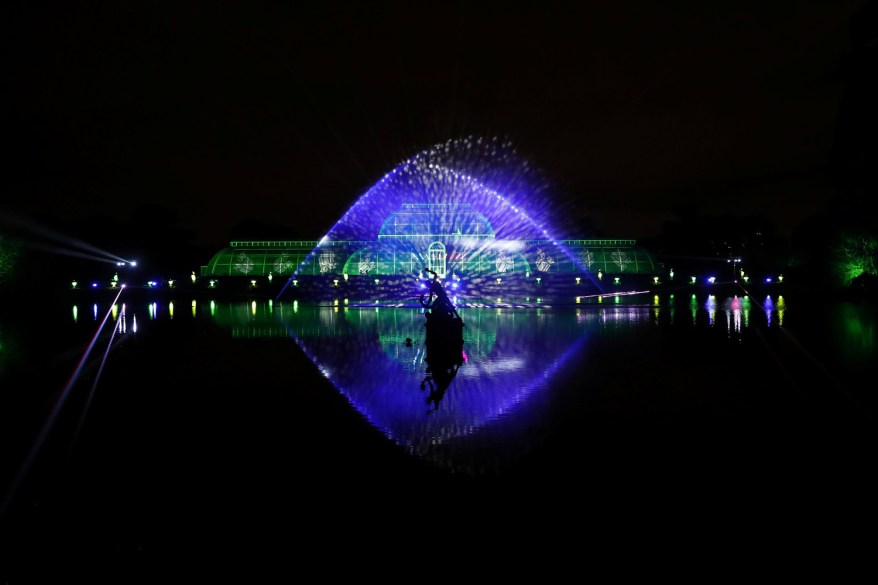 A light installation is seen on the Palm House at Kew Gardens in west London.