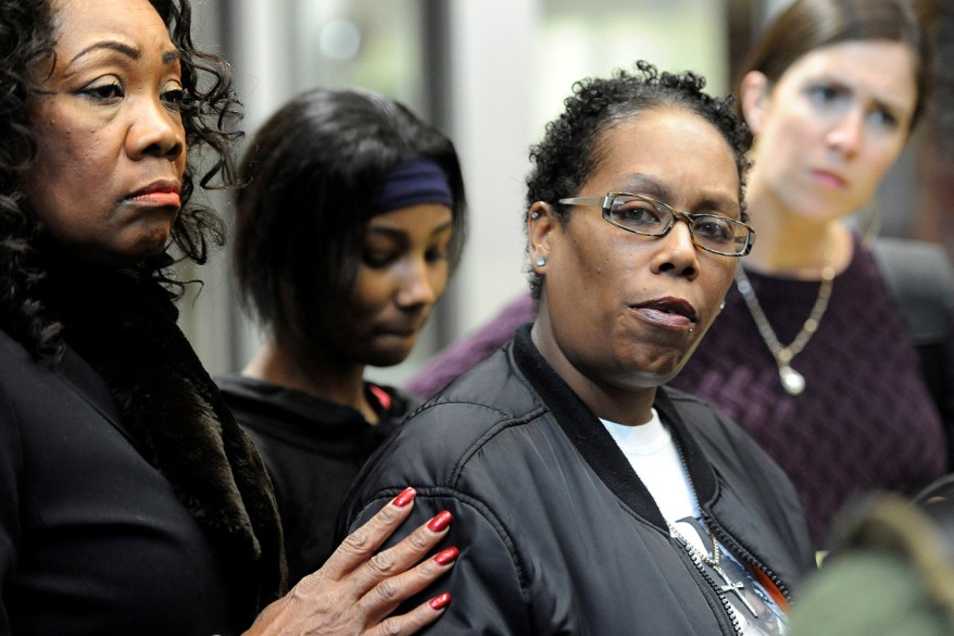 Philando Castile's cousin Nakia Wilson, right, and friend Margaret Brooks, speak to press after Minnesota police officer Jeronimo Yanez made his first court appearance in St. Paul, Minnesota, after Yanez was charged with shooting Castile in July.