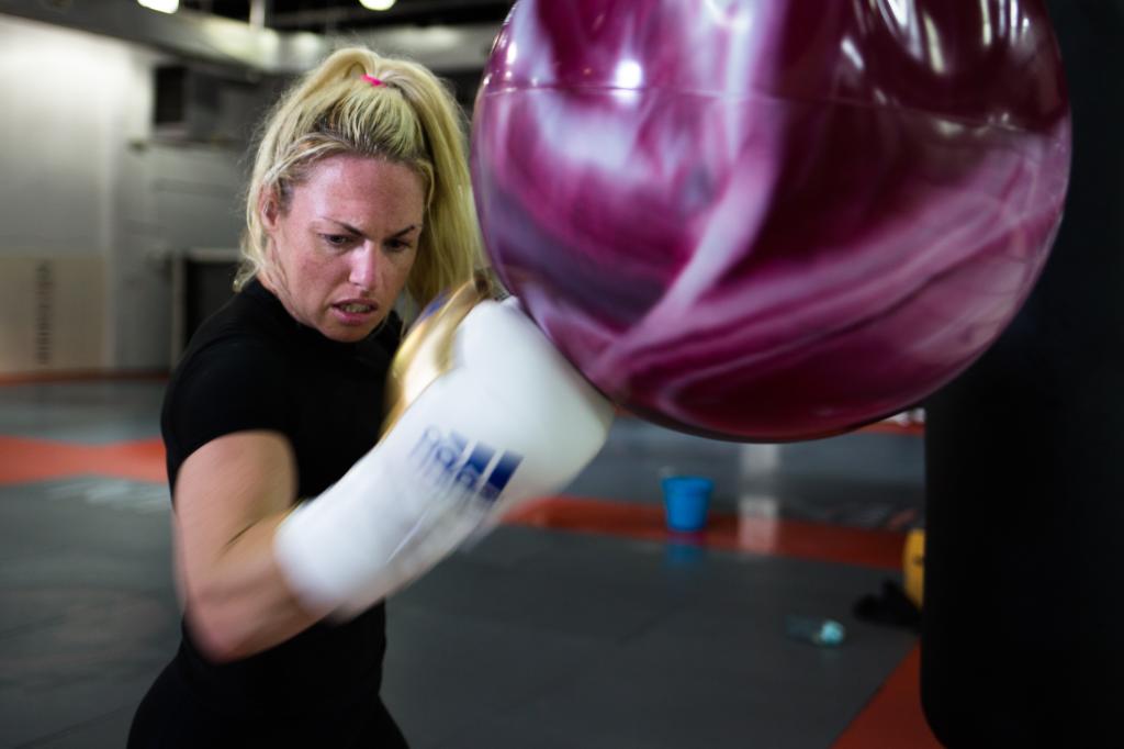 Heather Hardy taking part in an MMA training session at the Renzo Gracie Fight Academy in Brooklyn, New York on July 7, 2017.