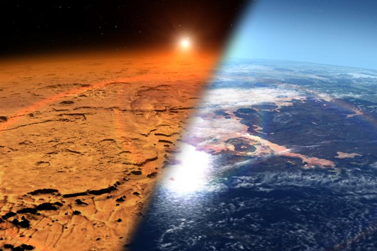 An artists' rendition of the Mars atmosphere at current CO2 levels (left) and reduced CO2 levels (right).