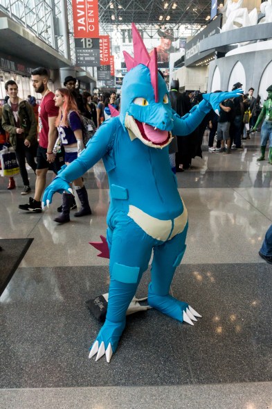 A fan cosplays as a Feraligatr from Pokemon.