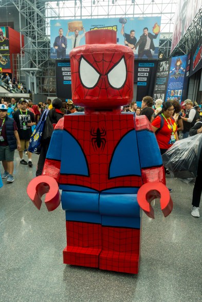 A fan cosplays as Lego Spiderman.