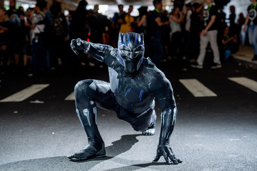 A fan cosplays as Black Panther.