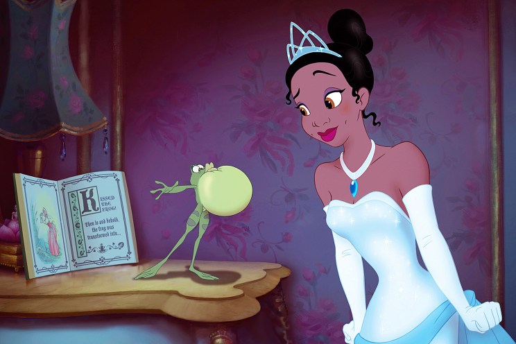 THE PRINCESS AND THE FROG, from left: Frog Naveen (voice: Bruno Campos), Princess Tiana (voice: Anik