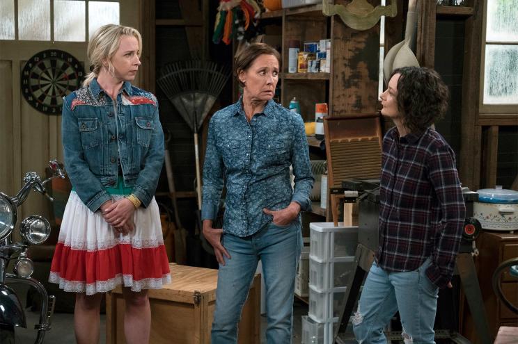 (L-R) Lecy Goranson, Laurie Metcalf and Sara Gilbert in a scene from "The Connors."