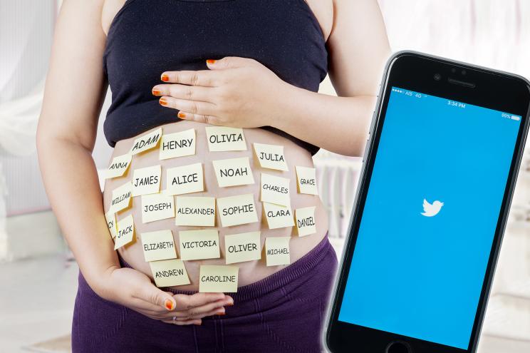 A pregnant woman with baby names on his stomach next to a phone with Twitter open on it.