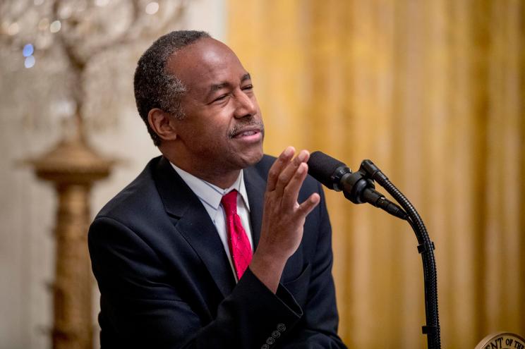 Ben Carson speaks to the audience before President Donald Trump speaks at the 2018 Young Black Leadership Summit.