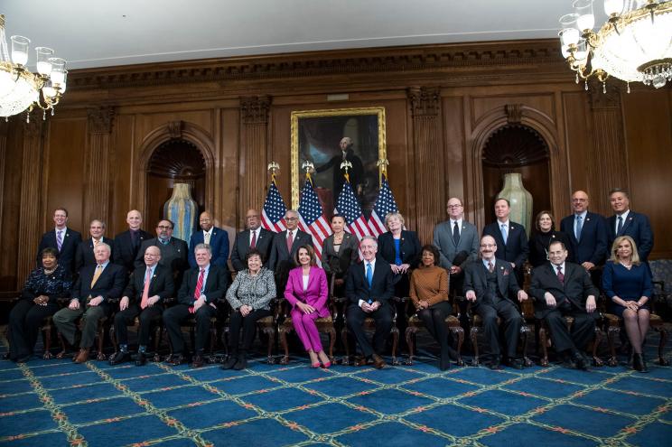 Speaker Nancy Pelosi in the Capitol's Rayburn Room with new Democratic committee chairs