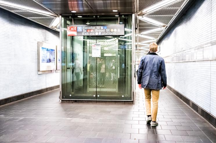 An elevator inside a newly renovated subway station